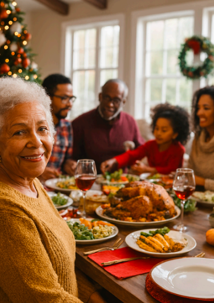 A multigenerational family gathers for a holiday meal. The smiling matriarch faces the camera, a festive scene displayed in the background.